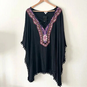 New Avenue 26 28 Plus Size Womens Black Embroidered Kaftan Madeira Top Tunic